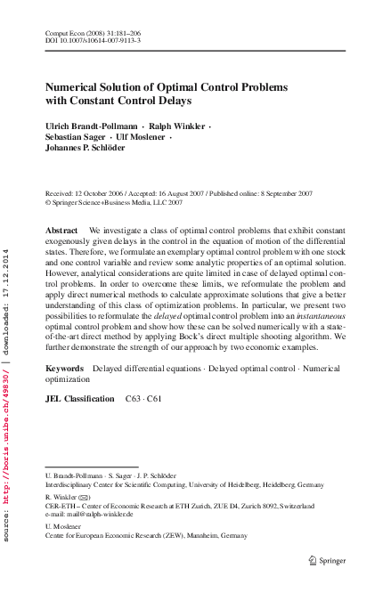 (PDF) Numerical Solution of Optimal Control Problems with Constant ...