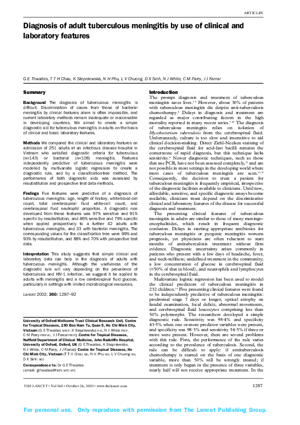 (PDF) Diagnosis of adult tuberculous meningitis by use of clinical and ...
