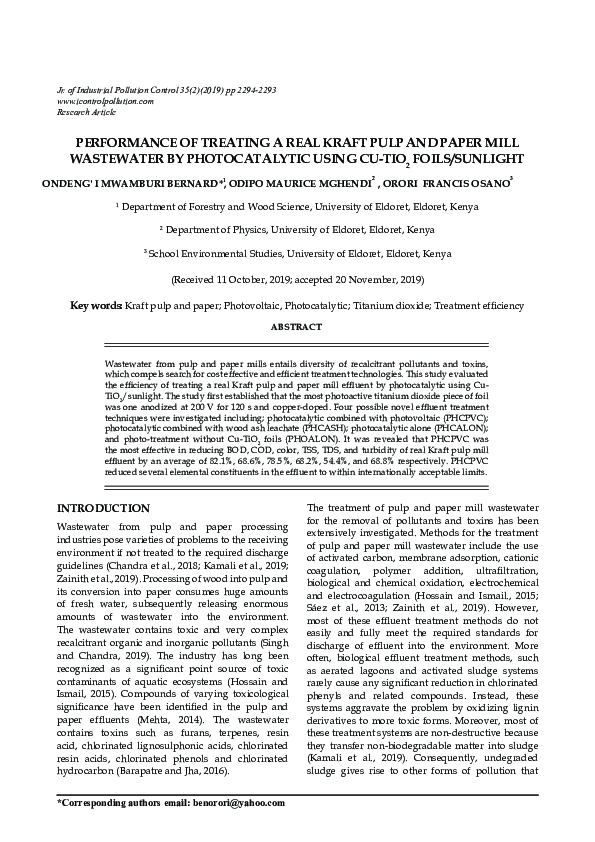 (PDF) Performance of Treating a Real Kraft Pulp and Paper Mill ...
