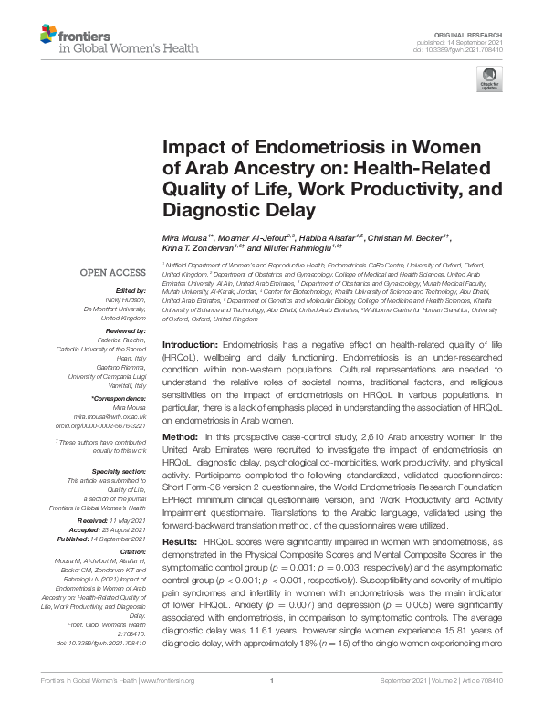 (PDF) Impact of Endometriosis in Women of Arab Ancestry on: Health ...