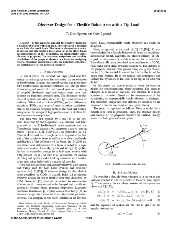 (PDF) Observer design for a flexible robot arm with a tip load