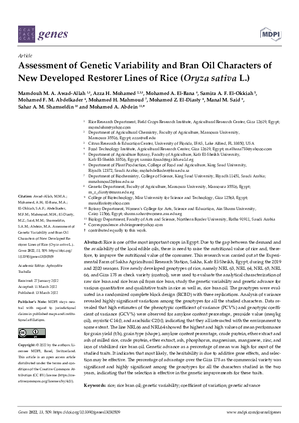 (PDF) Assessment of Genetic Variability and Bran Oil Characters of New ...