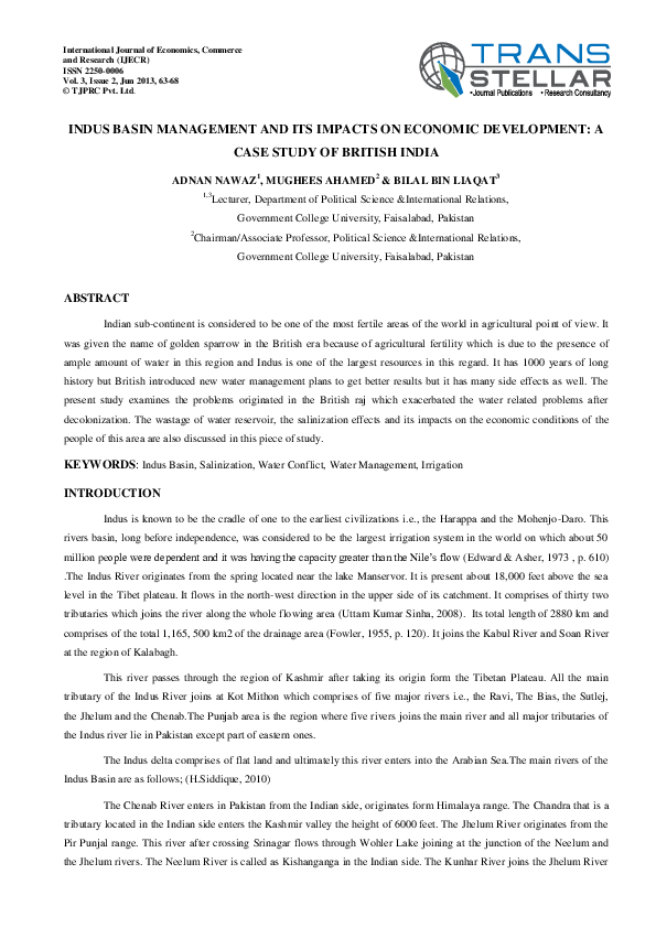 (PDF) Indus Basin Management and Its Impacts on Economic Development: A ...