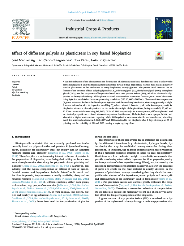 (PDF) Effect of different polyols as plasticizers in soy based