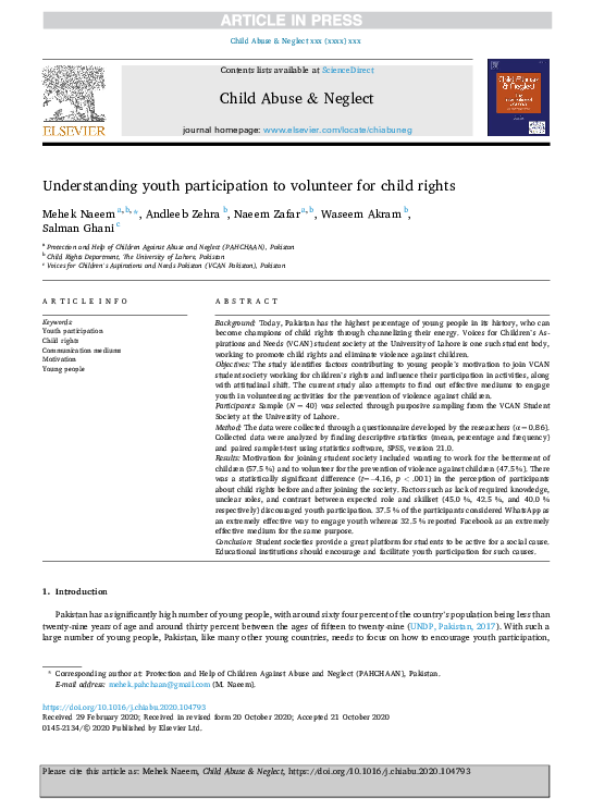 (PDF) Understanding youth participation to volunteer for child rights