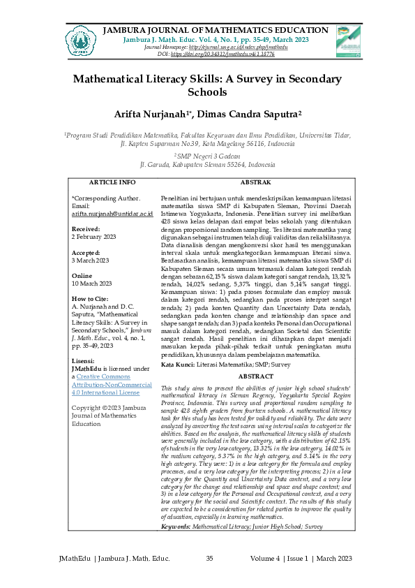 (PDF) Mathematical Literacy Skills: A Survey in Secondary Schools