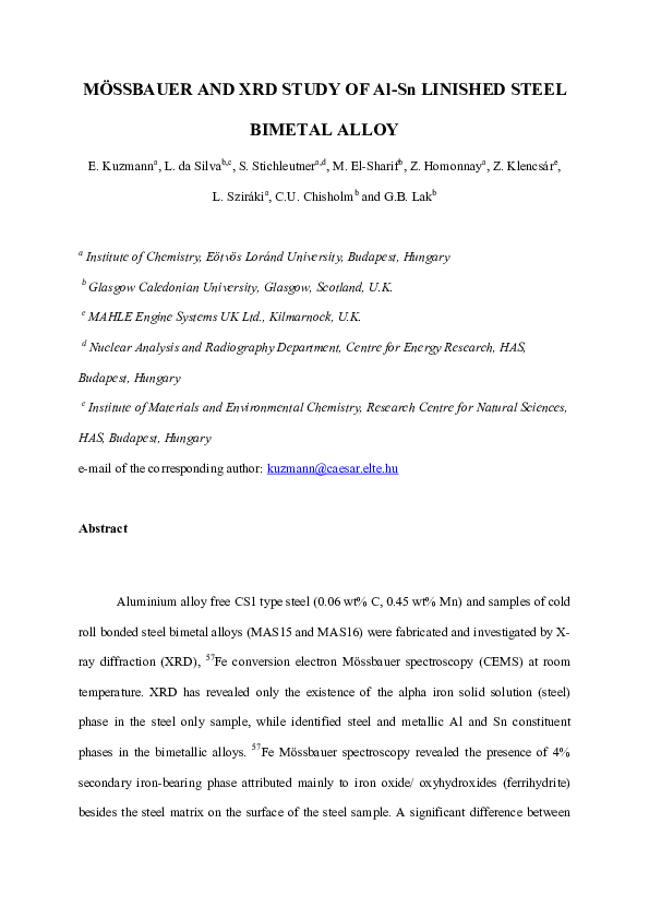 (PDF) Mössbauer and XRD study of Al-Sn linished steel bimetal alloy