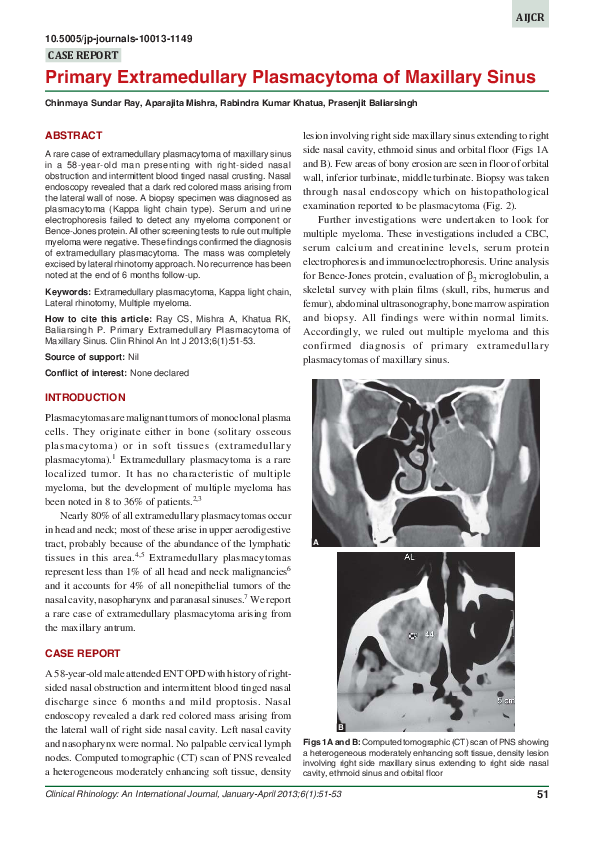 (PDF) Primary Extramedullary Plasmacytoma of Maxillary Sinus | Chinmaya ...