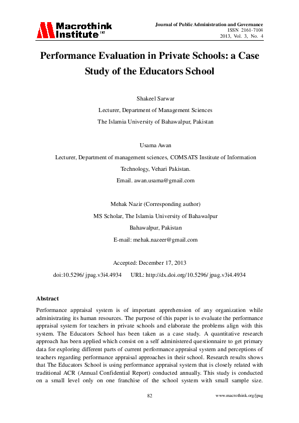 (PDF) Performance Evaluation in Private Schools: a Case Study of the ...