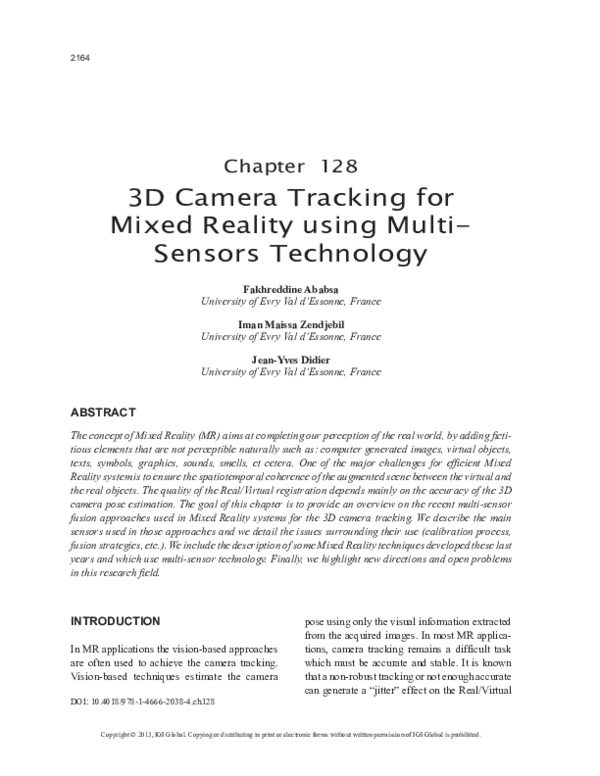 (PDF) 3D Camera Tracking for Mixed Reality using Multi-Sensors Technology