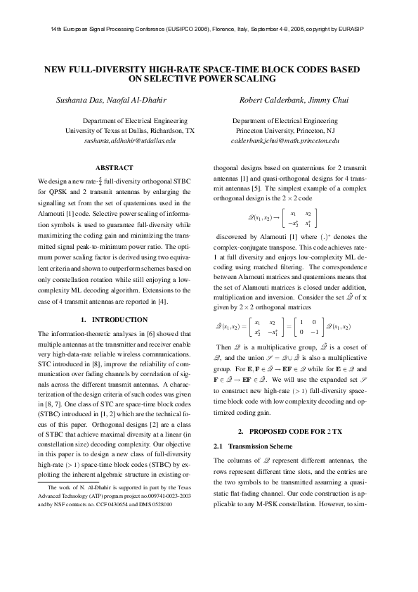 (PDF) New Full-Diversity High-Rate Space-Time Block Codes Based On ...