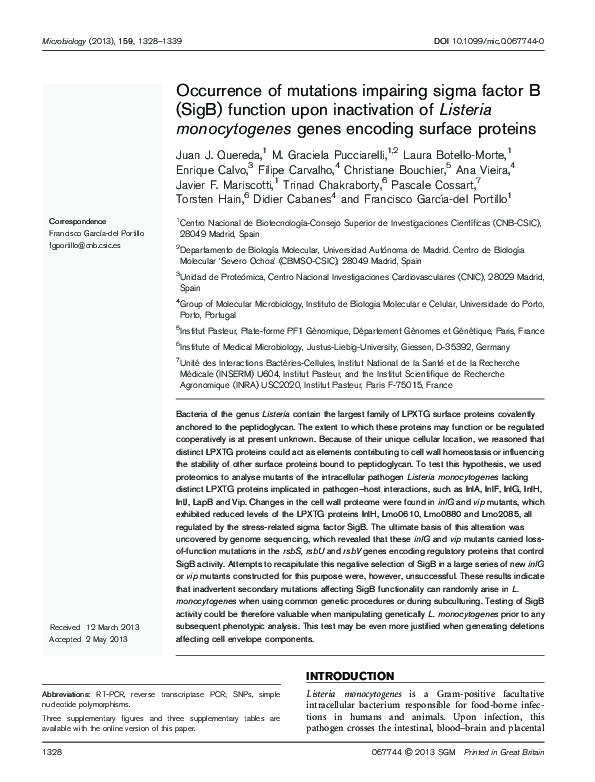 (PDF) Occurrence of mutations impairing sigma factor B (SigB) function ...