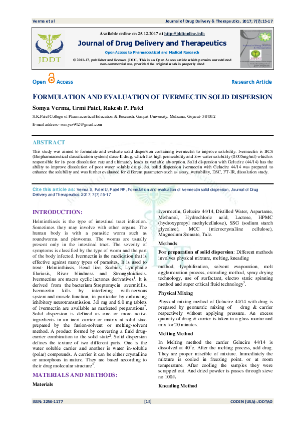 (PDF) Formulation and Evaluation of Ivermectin Solid Dispersion