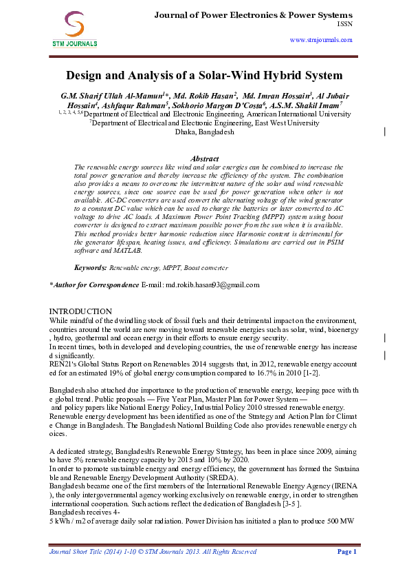(PDF) Design and Analysis of a SolarWind Hybrid System Al amin