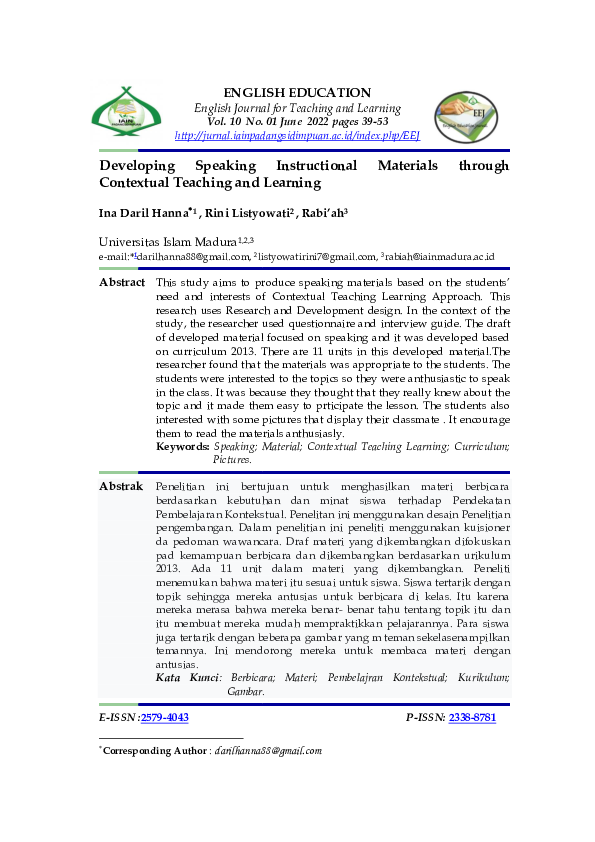 Pdf Developing Speaking Instructional Materials Through Contextual Pdf Developing Speaking Instructional Materials Through Contextual