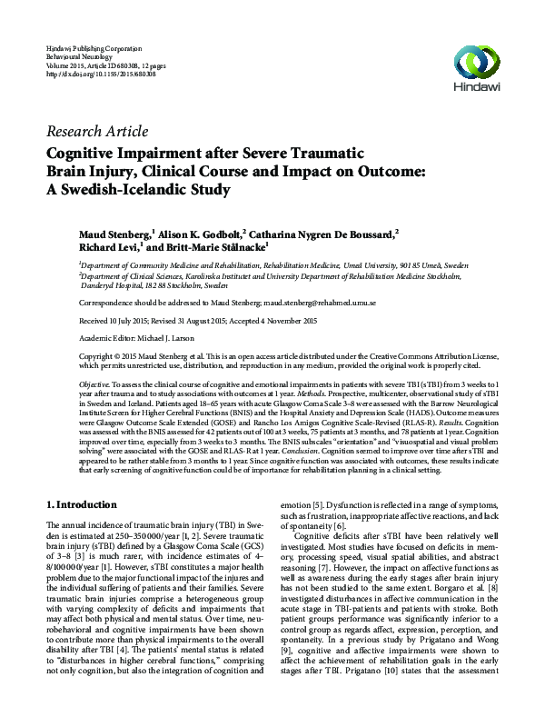 (PDF) Cognitive Impairment after Severe Traumatic Brain Injury ...