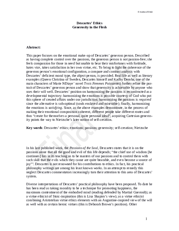 (PDF) Descartes' Ethics - Generosity in the Flesh
