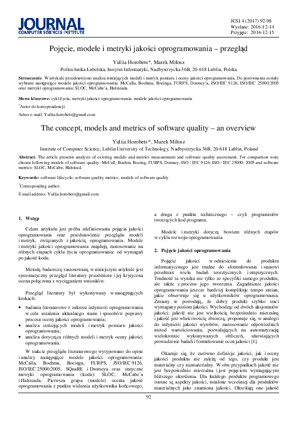 (PDF) The concept, models and metrics of software quality – an overview