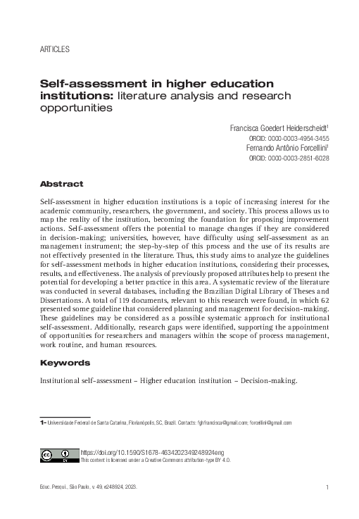 (PDF) Self-assessment in higher education institutions: literature ...