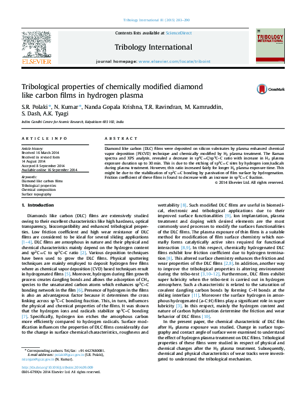 (PDF) Tribological properties of chemically modified diamond like ...