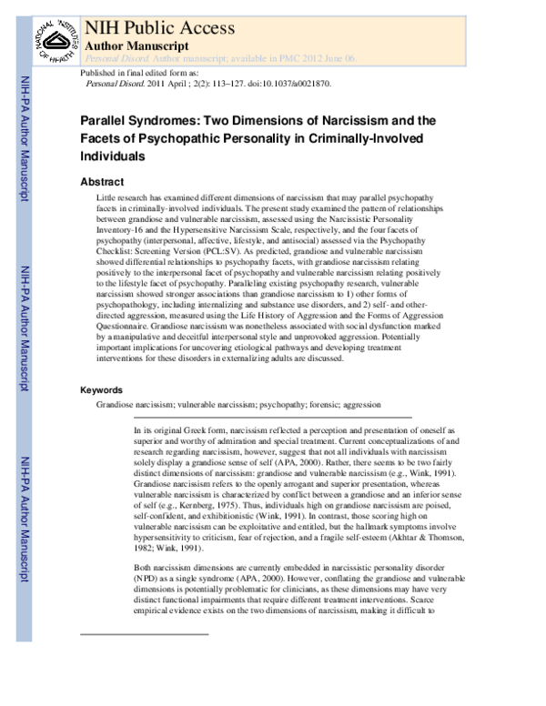 (PDF) Parallel syndromes: Two dimensions of narcissism and the facets ...