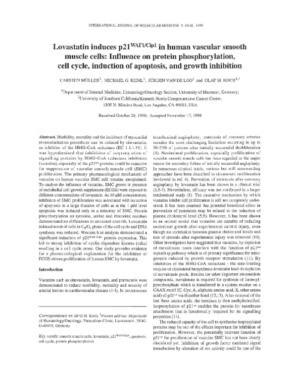 (PDF) Lovastatin induces p21WAF1/Cip1 in human vascular smooth muscle ...