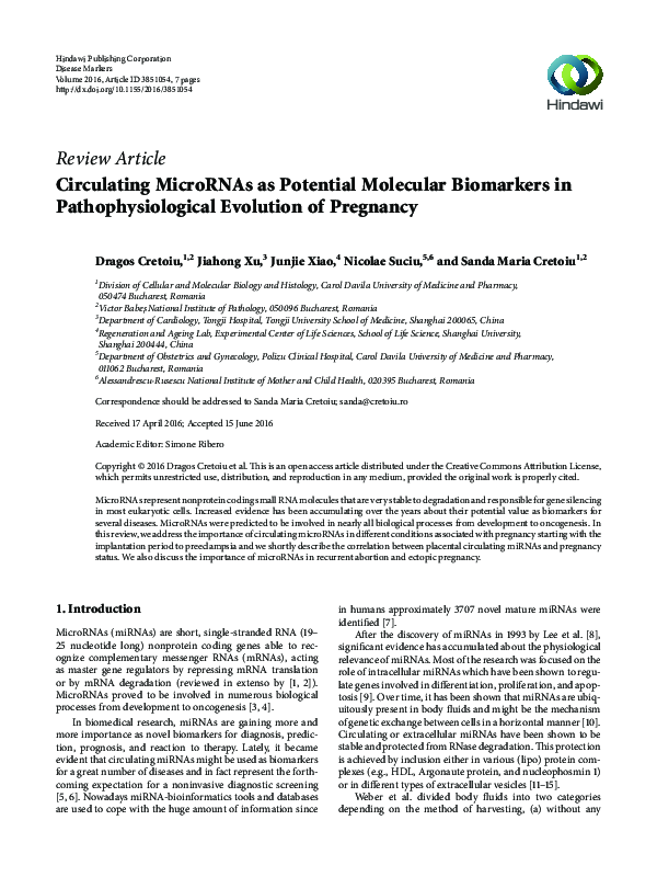 (PDF) Circulating MicroRNAs as Potential Molecular Biomarkers in ...