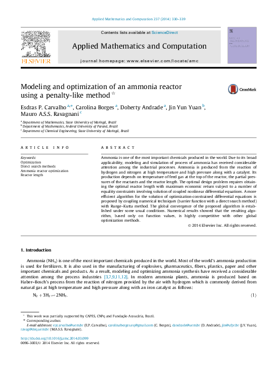 (PDF) Modeling and optimization of an ammonia reactor using a penalty ...