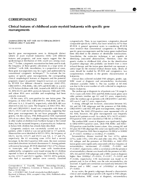 (PDF) Clinical features of childhood acute myeloid leukaemia with ...