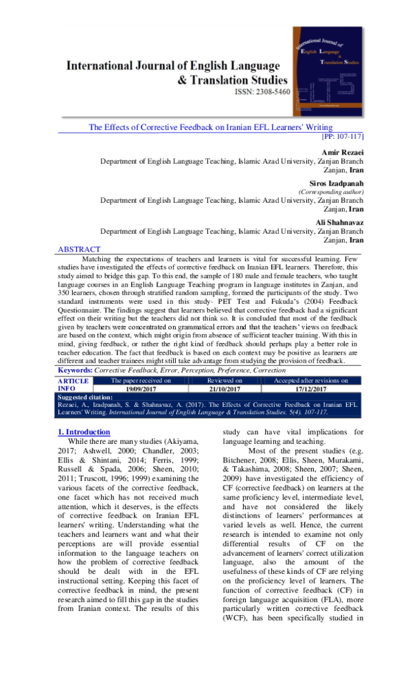(PDF) The Effects of Corrective Feedback on Iranian EFL Learners' Writing