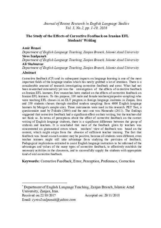 (PDF) The Study of the Effects of Corrective Feedback on Iranian EFL ...