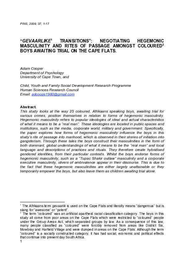 (PDF) Gevaarlike transitions": negotiating hegemonic masculinity and ...