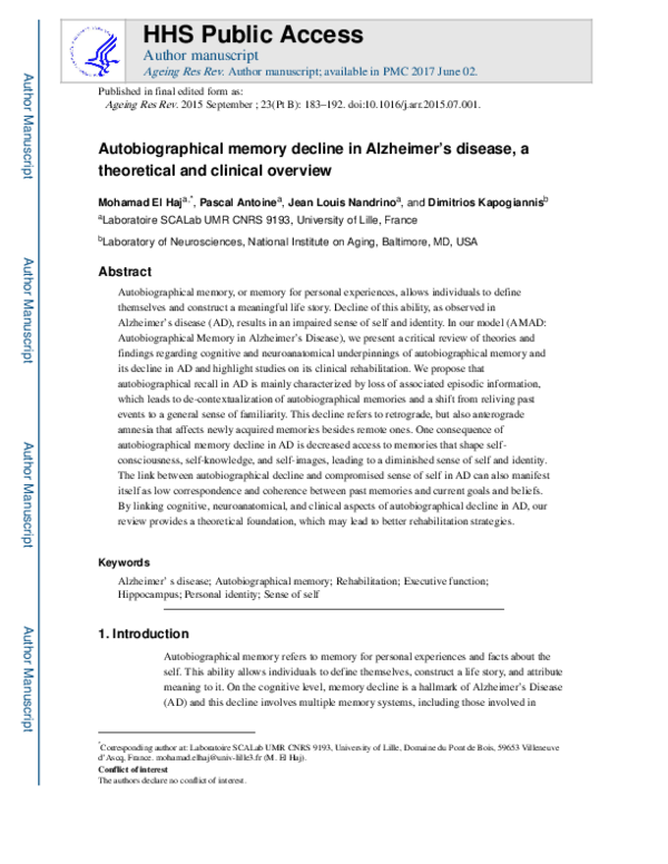 (PDF) Autobiographical memory decline in Alzheimer’s disease, a ...