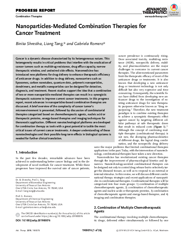 (PDF) Nanoparticles‐Mediated Combination Therapies for Cancer Treatment