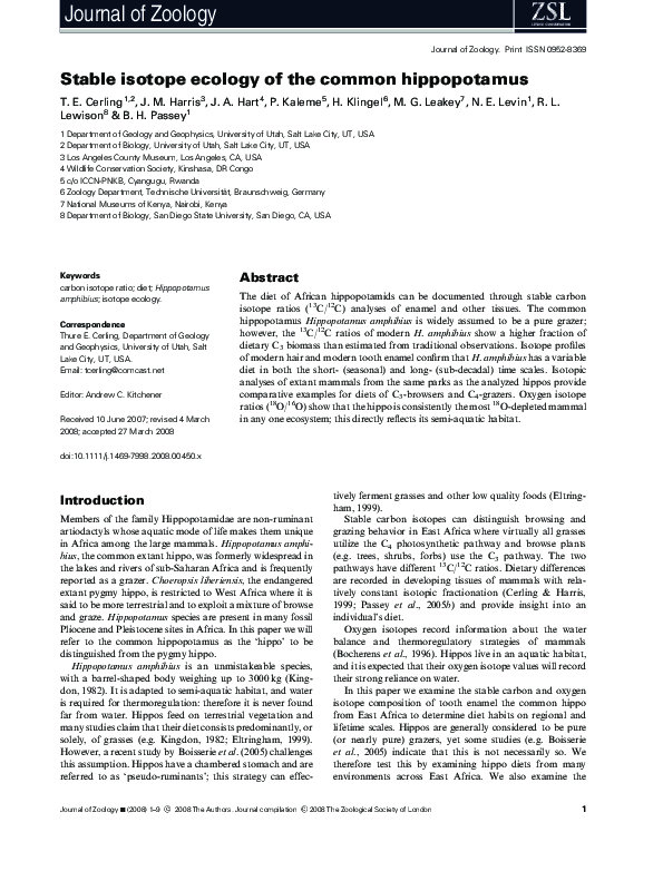 (PDF) Stable isotope ecology of the common hippopotamus