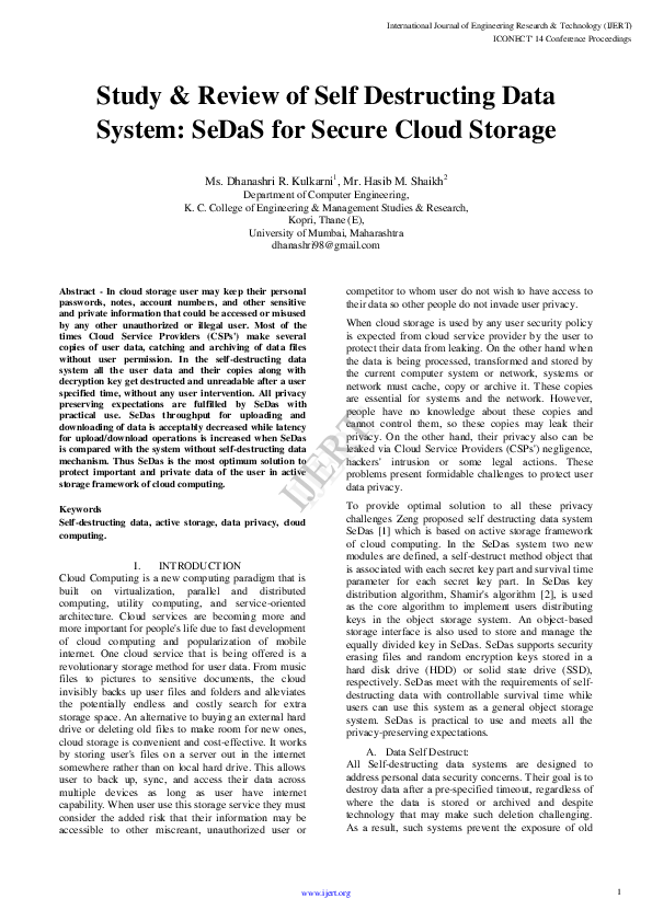 (PDF) Study & Review of Self Destructing Data System: SeDaS for Secure ...