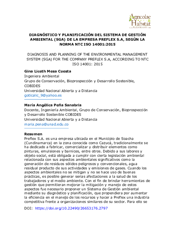 (PDF) Diagnóstico y planificación del Sistema de Gestión Ambiental (SGA) de la empresa Preflex S ...