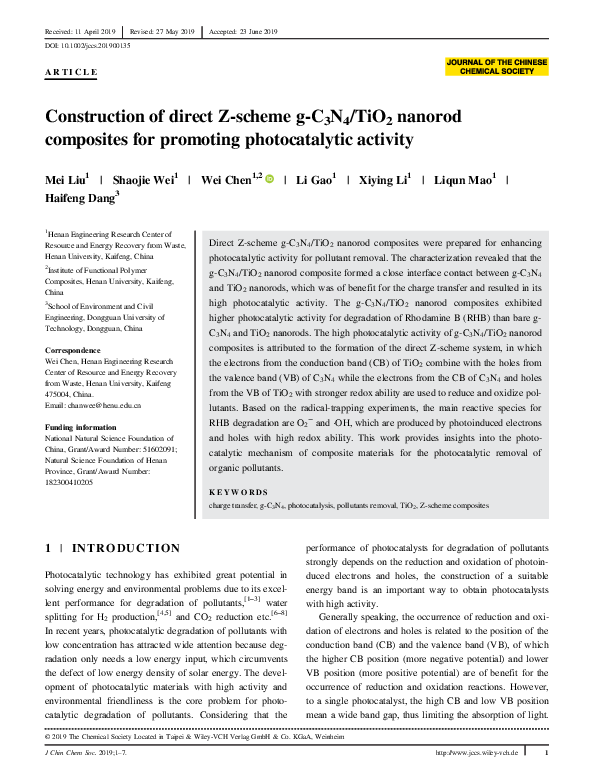 (PDF) Construction of direct Z‐scheme g‐C 3 N 4 /TiO 2 nanorod ...