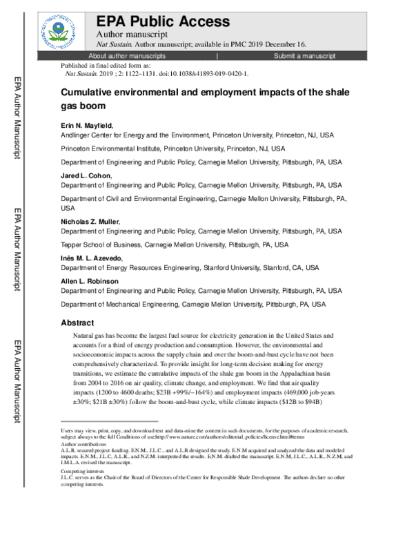 (PDF) Cumulative environmental and employment impacts of the shale gas boom
