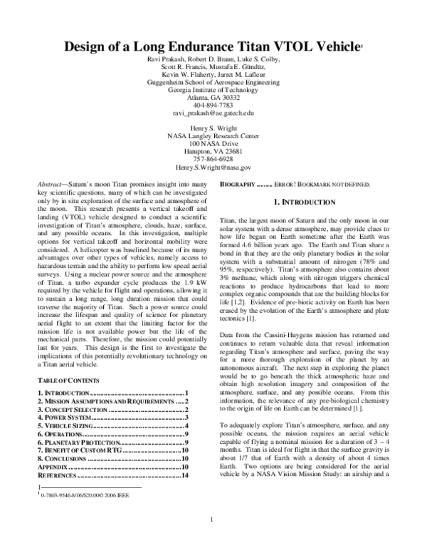 (PDF) Design of a Long Endurance Titan VTOL Vehicle