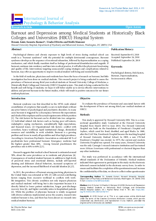 (PDF) Burnout and Depression among Medical Students at Historically ...