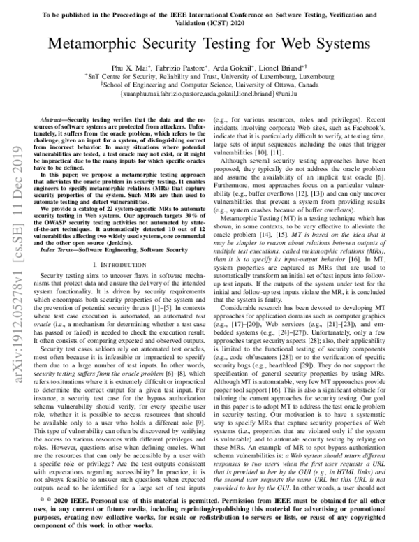 (PDF) Metamorphic Security Testing for Web Systems