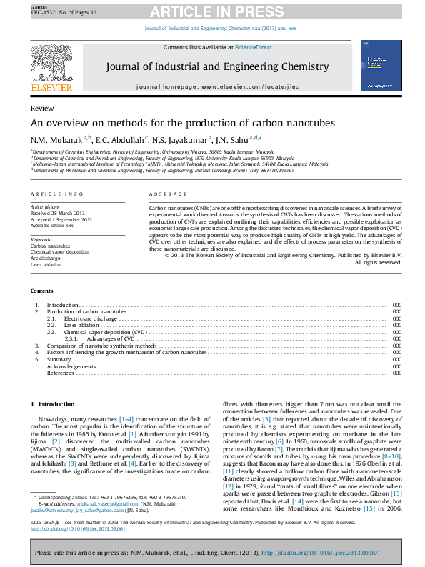 (PDF) An overview on methods for the production of carbon nanotubes