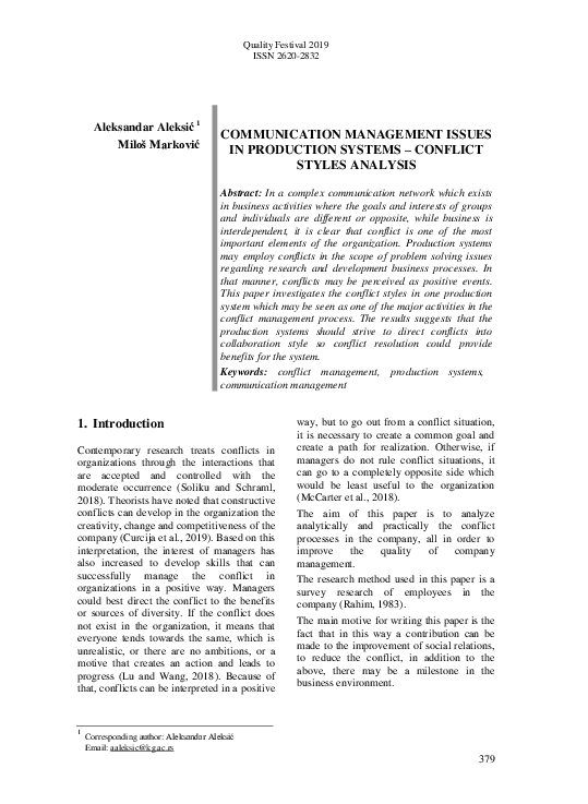 (PDF) Communication Management Issues in Production Systems - Conflict ...