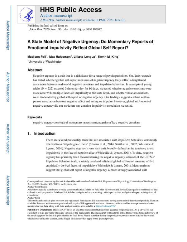 (PDF) A state model of negative urgency: Do momentary reports of ...
