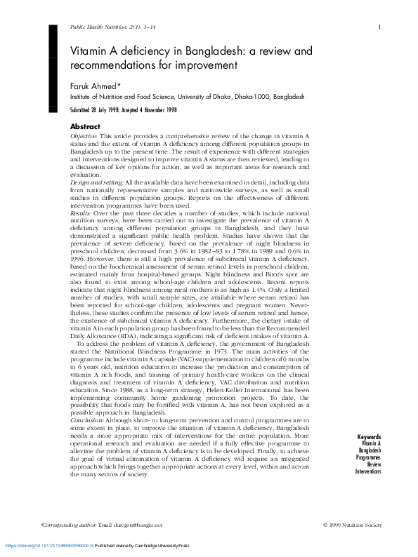 (PDF) Vitamin A deficiency in Bangladesh: a review and recommendations ...