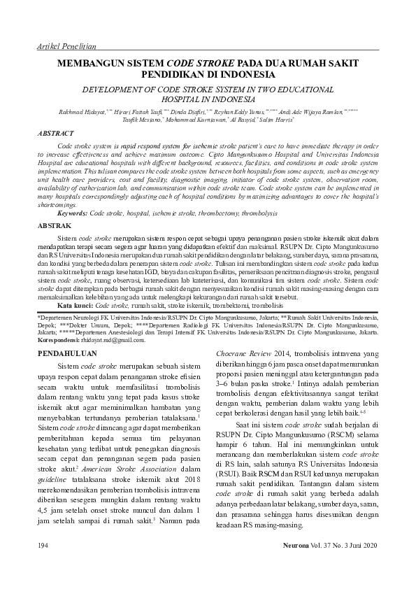 (PDF) Membangun Sistem Code Stroke Pada Dua Rumah Sakit Pendidikan DI ...