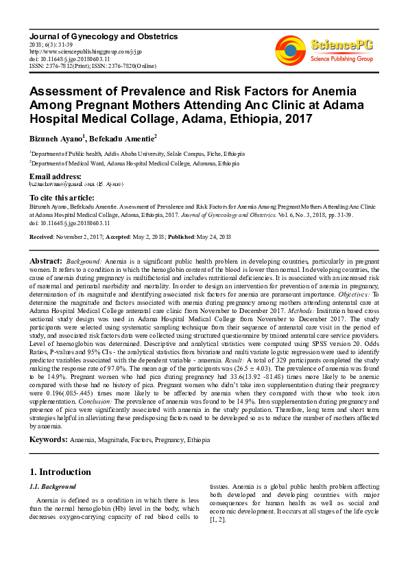 (PDF) Assessment of Prevalence and Risk Factors for Anemia Among ...