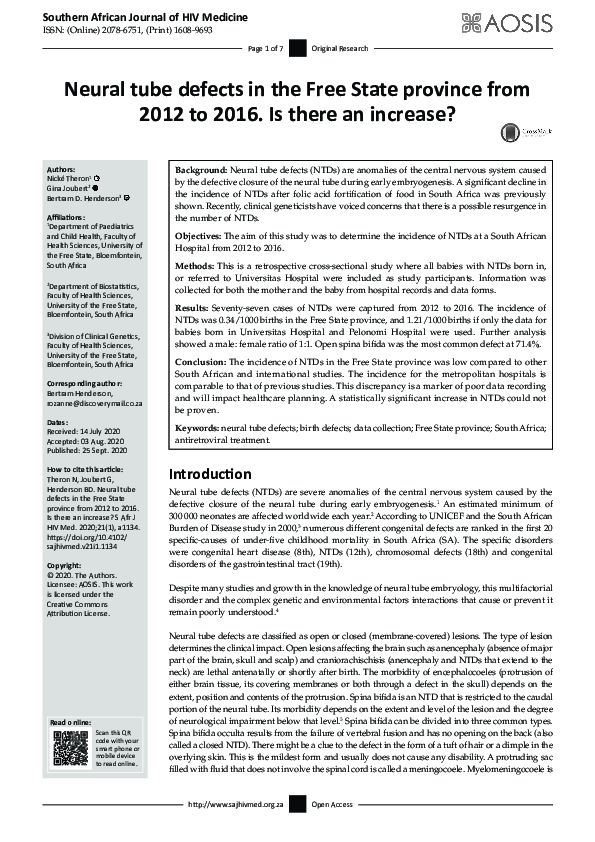 (PDF) Neural tube defects in the Free State province from 2012 to 2016 ...