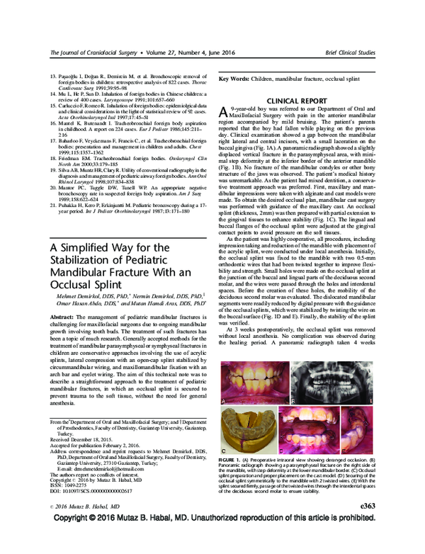 (PDF) A Simplified Way for the Stabilization of Pediatric Mandibular ...